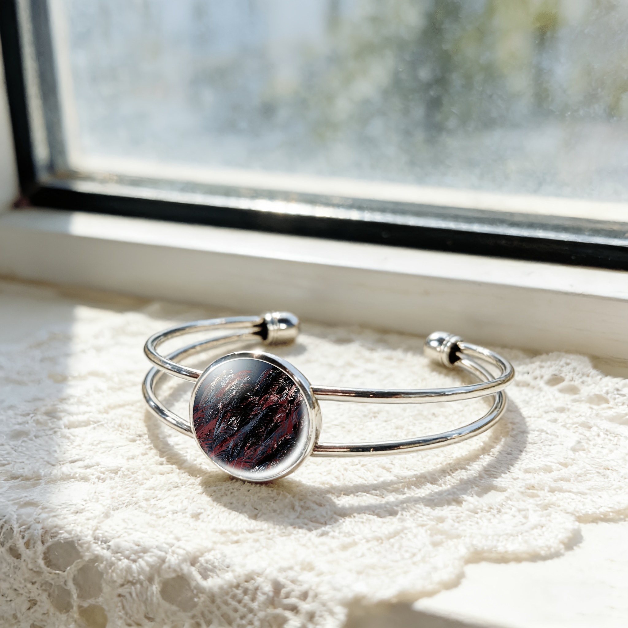 Adjustable Open Bangle with Abstract Art Circular Pattern